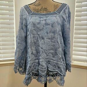 Democracy crochet trim wide mid sleeve blouse